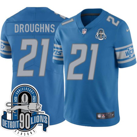 Lions #21 Reuben Droughns 1934-2023 90 Seasons Anniversary Patch Jersey -Blue