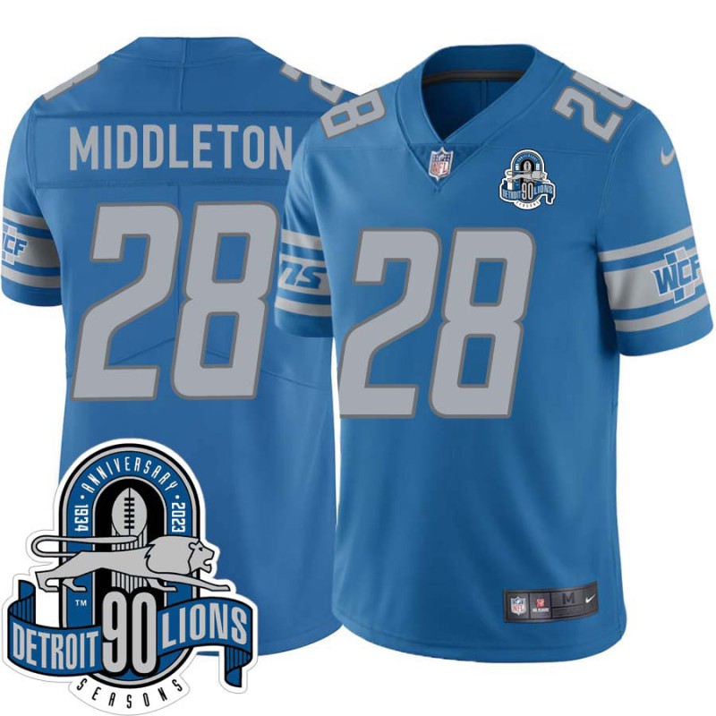 Lions #28 Dave Middleton 1934-2023 90 Seasons Anniversary Patch Jersey -Blue