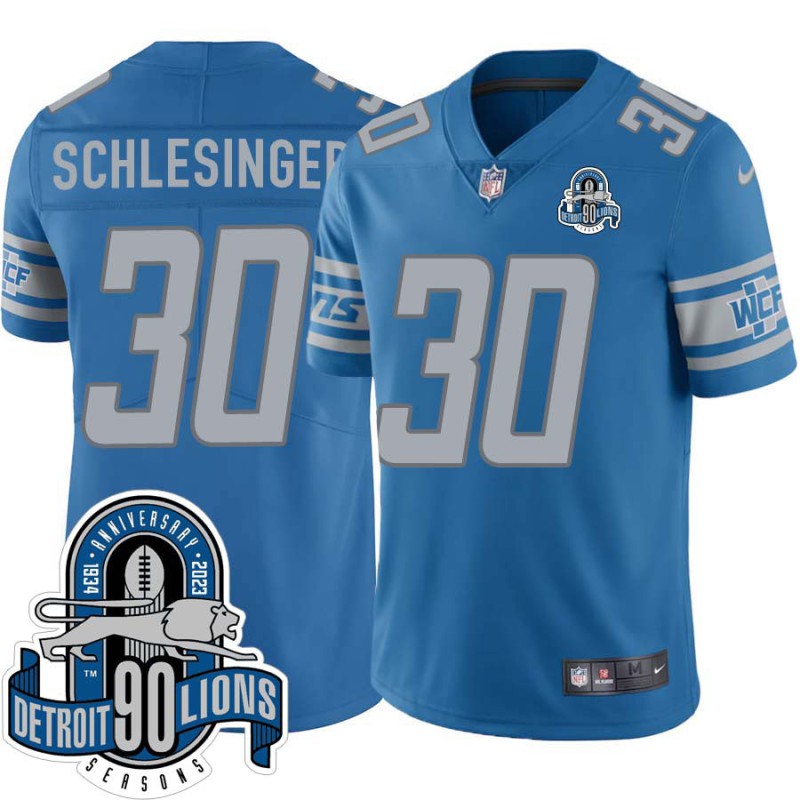 Lions #30 Cory Schlesinger 1934-2023 90 Seasons Anniversary Patch Jersey -Blue