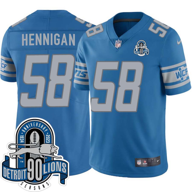 Lions #58 Mike Hennigan 1934-2023 90 Seasons Anniversary Patch Jersey -Blue