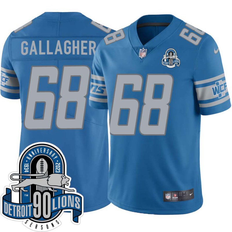 Lions #68 Frank Gallagher 1934-2023 90 Seasons Anniversary Patch Jersey -Blue