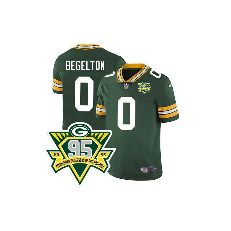 Packers #0 Reggie Begelton 1919-2023 95 Year ANNI Patch Jersey -Green