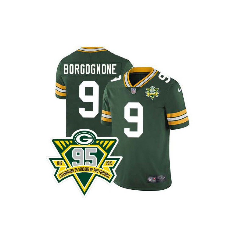 Packers #9 Dirk Borgognone 1919-2023 95 Year ANNI Patch Jersey -Green