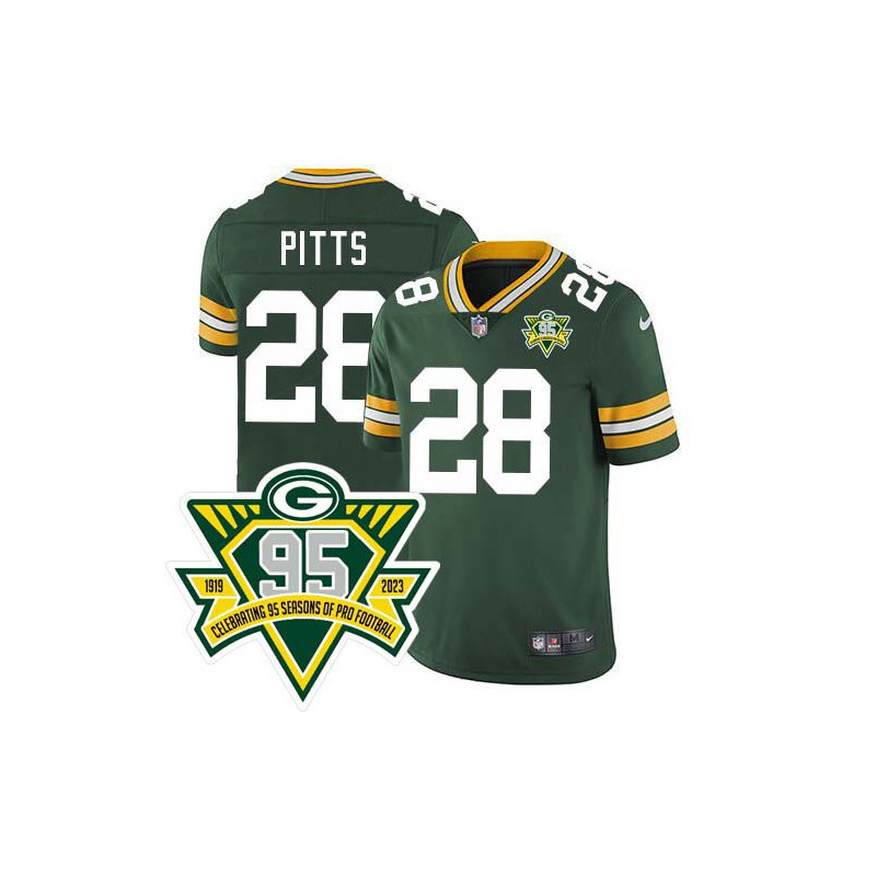 Packers #28 Ron Pitts 1919-2023 95 Year ANNI Patch Jersey -Green