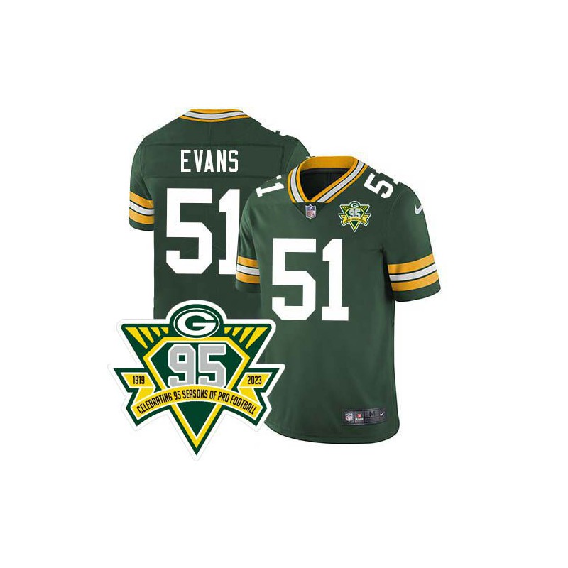 Packers #51 Lon Evans 1919-2023 95 Year ANNI Patch Jersey -Green