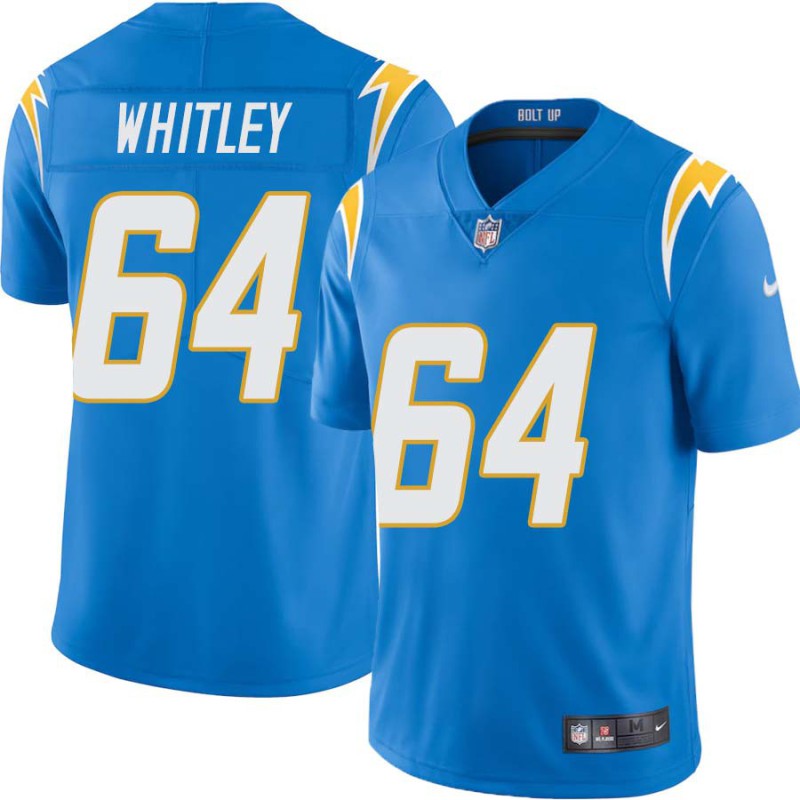 Chargers #64 Curtis Whitley BOLT UP Powder Blue Jersey