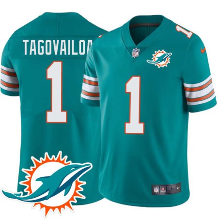 Dolphins #1 Tua Tagovailoa Additional Chest Dolphin Patch Aqua Jersey