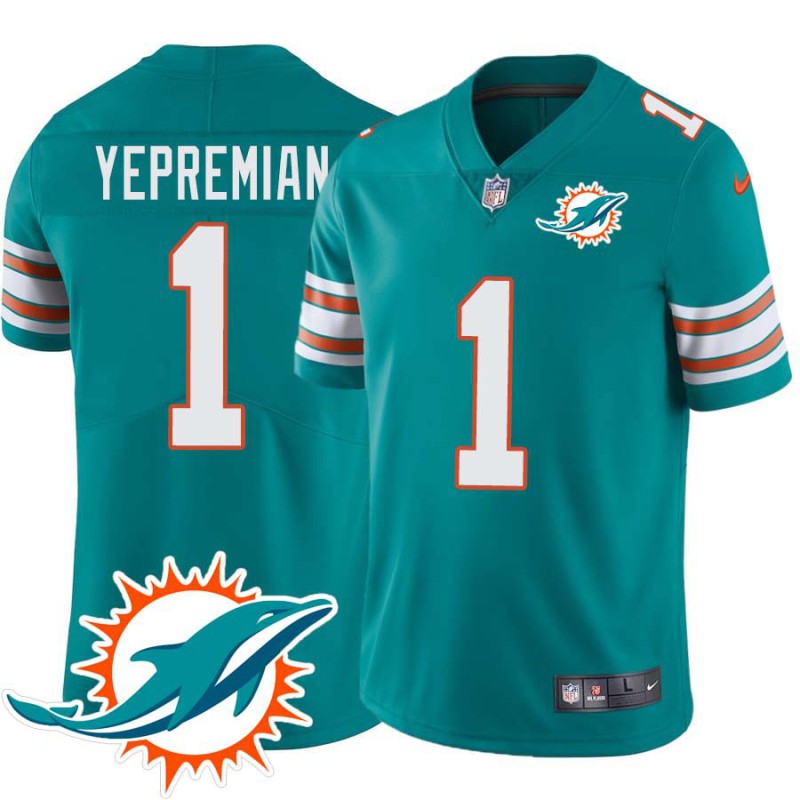 Dolphins #1 Garo Yepremian Additional Chest Dolphin Patch Aqua Jersey