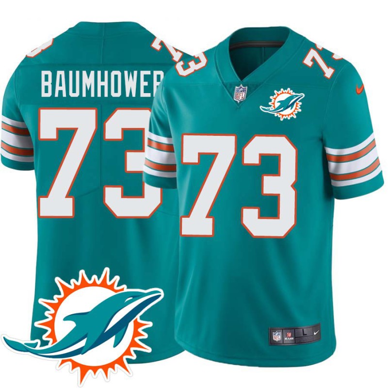 Dolphins #73 Bob Baumhower Additional Chest Dolphin Patch Aqua Jersey