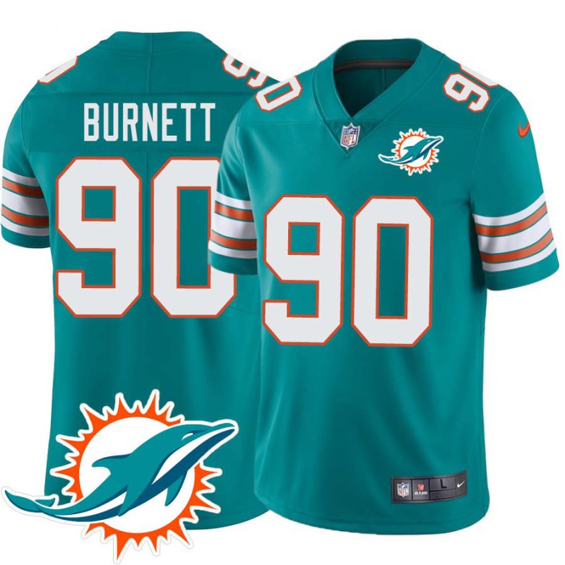 Dolphins #90 Rob Burnett Additional Chest Dolphin Patch Aqua Jersey