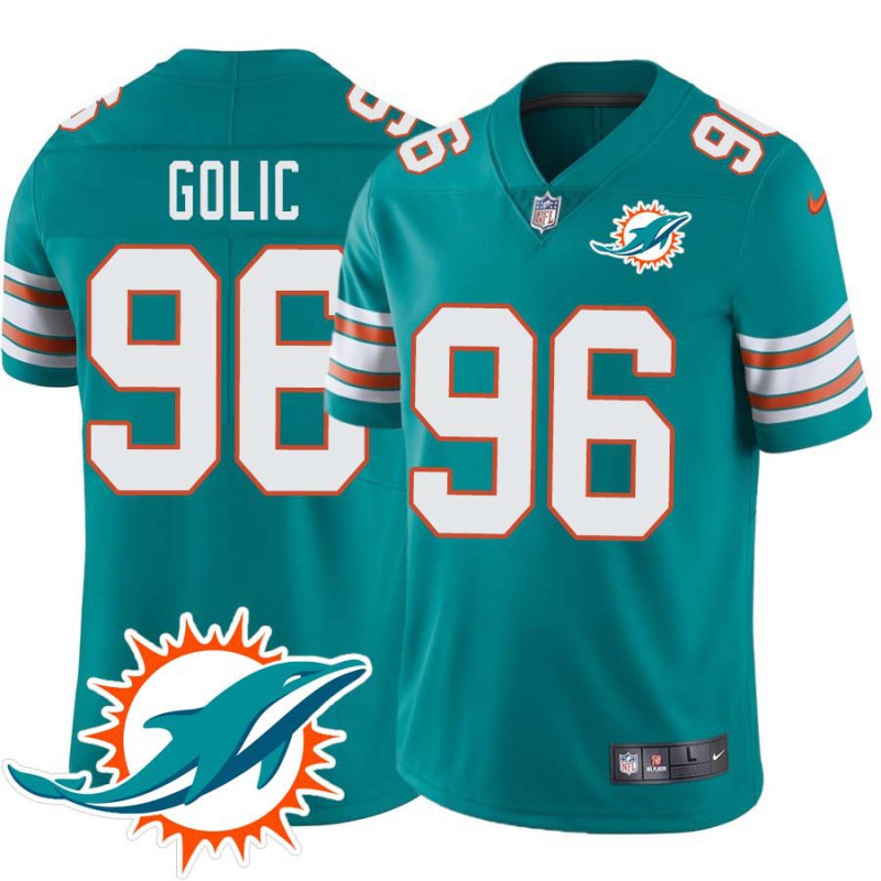 Dolphins #96 Mike Golic Additional Chest Dolphin Patch Aqua Jersey