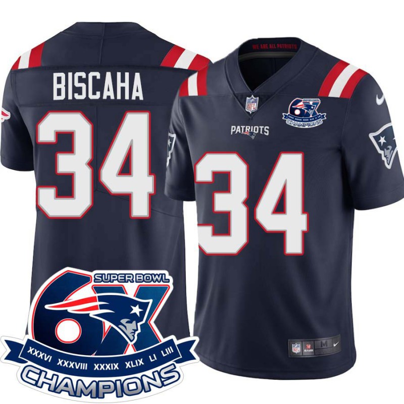 Patriots #34 Joe Biscaha 6X Super Bowl Champions Jersey -Navy