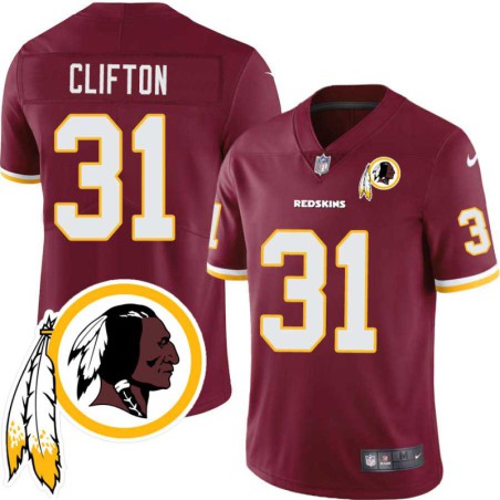 Gregory Clifton #31 Redskins Head Patch Burgundy Jersey