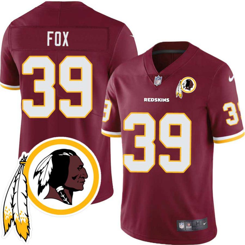 Vernon Fox #39 Redskins Head Patch Burgundy Jersey